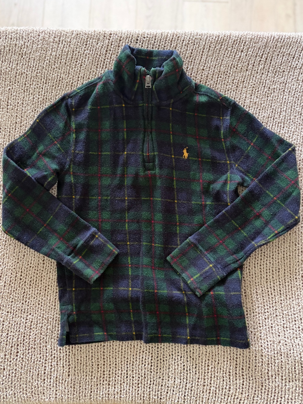 Polo Ralph Lauren Kids Tartan Plaid Fleece Quarter Zip Pullover Green Navy 5